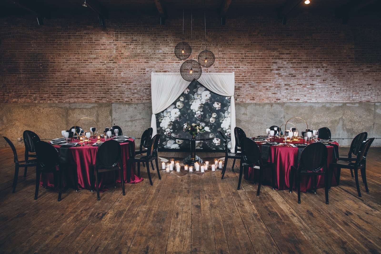 Velvet Merlot tablecloth at a Windy City Linen event