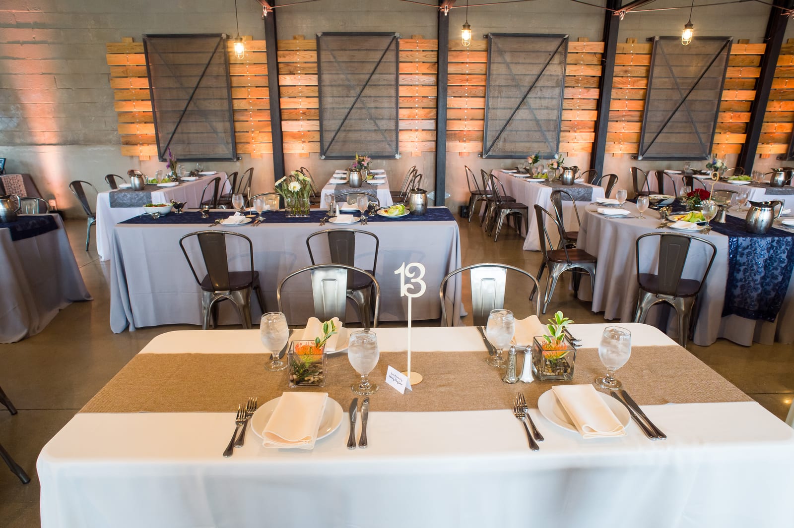 Classic Solid Ivory and Jute Burlap & Navy Sequin Lace Runner at a Windy City Linen event