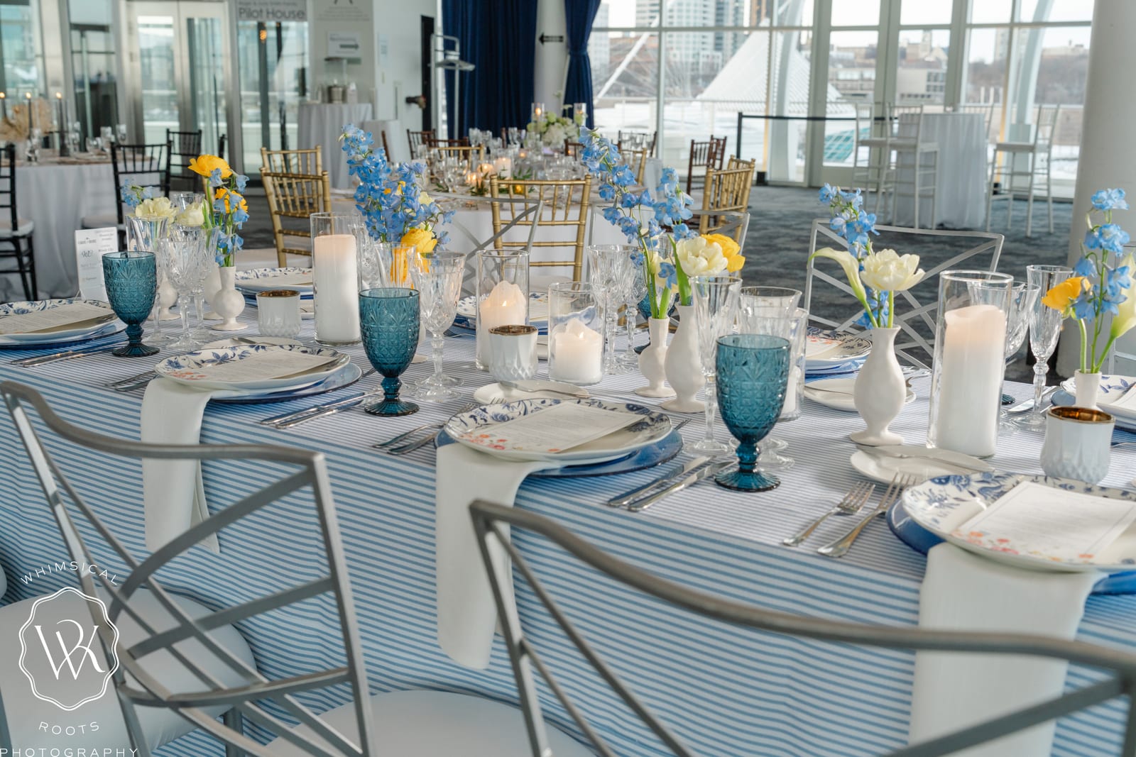 Hampton Stripe Coastal tablecloth at a Windy City Linen event