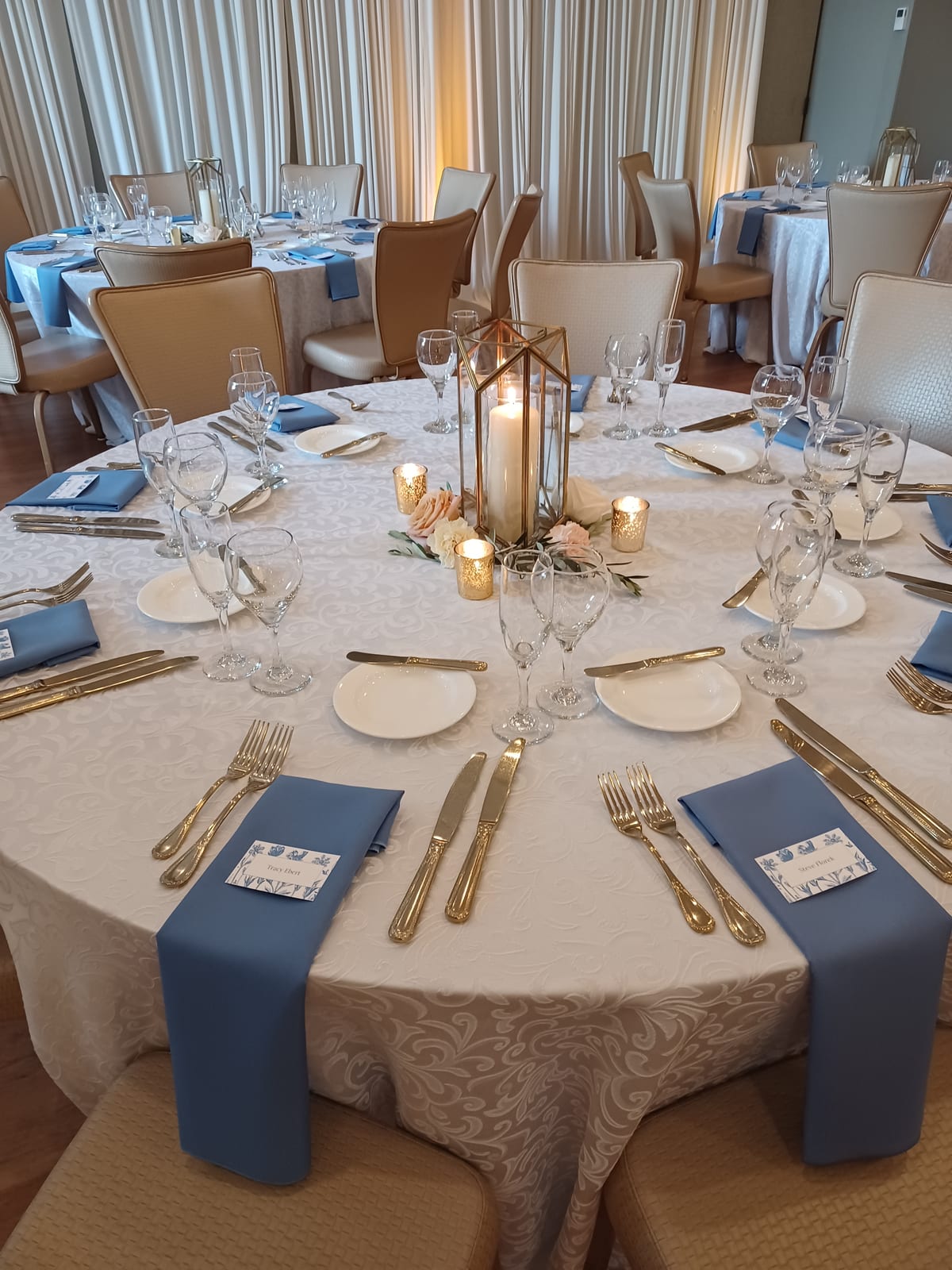 White Somerset Damask and Periwinkle Classic Napkin at a Windy City Linen event