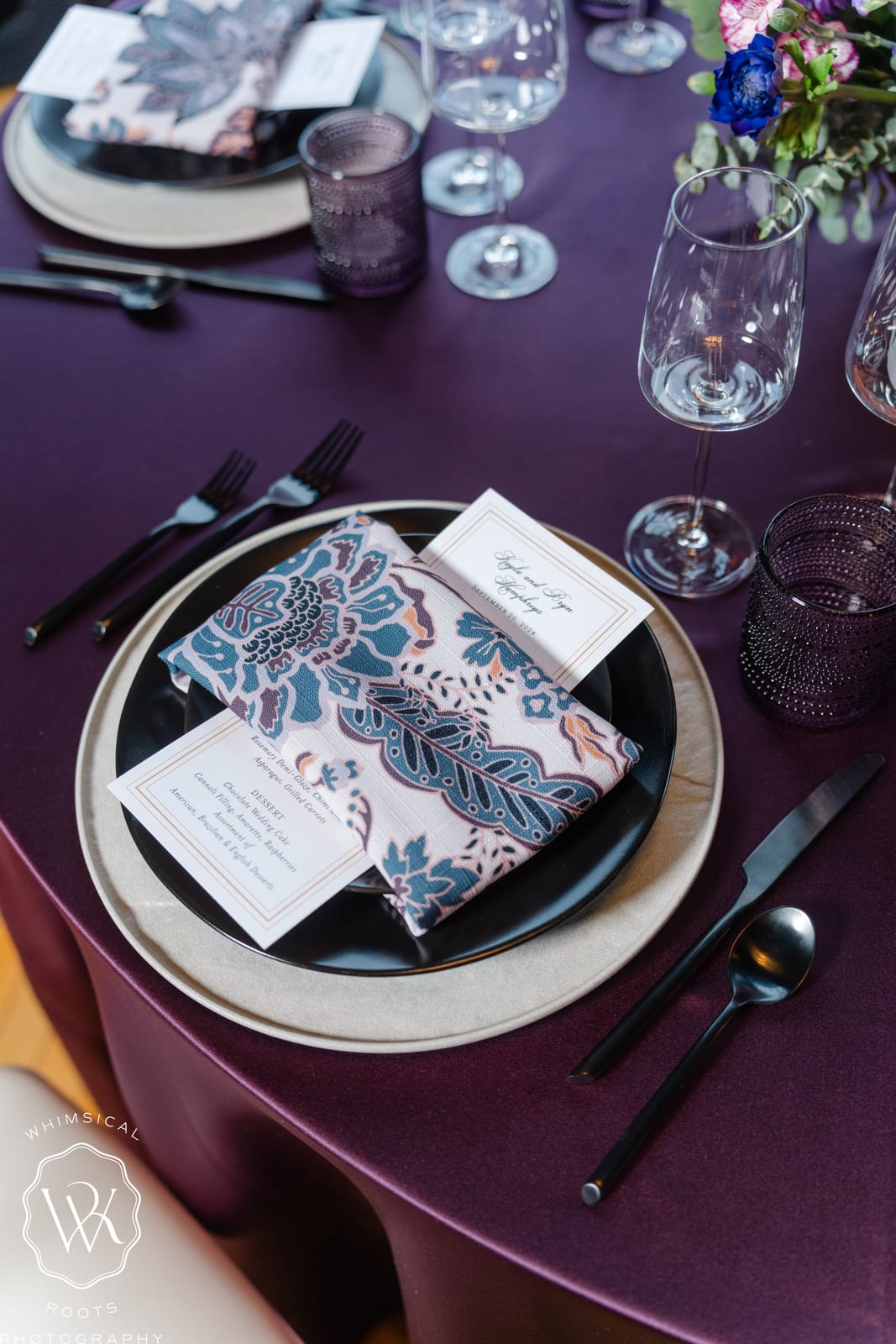 Matte Lamour Eggplant and Indigo Bloom Napkin at a Windy City Linen event