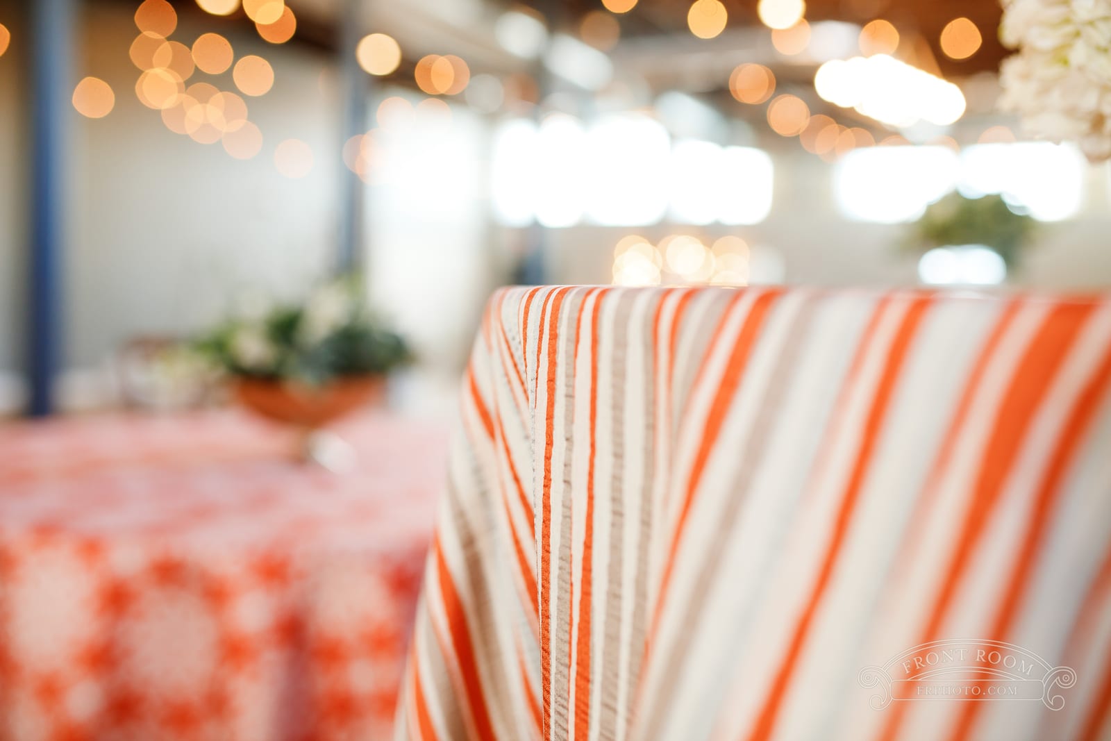 Sonoma Stripe Orange tablecloth at a Windy City Linen event