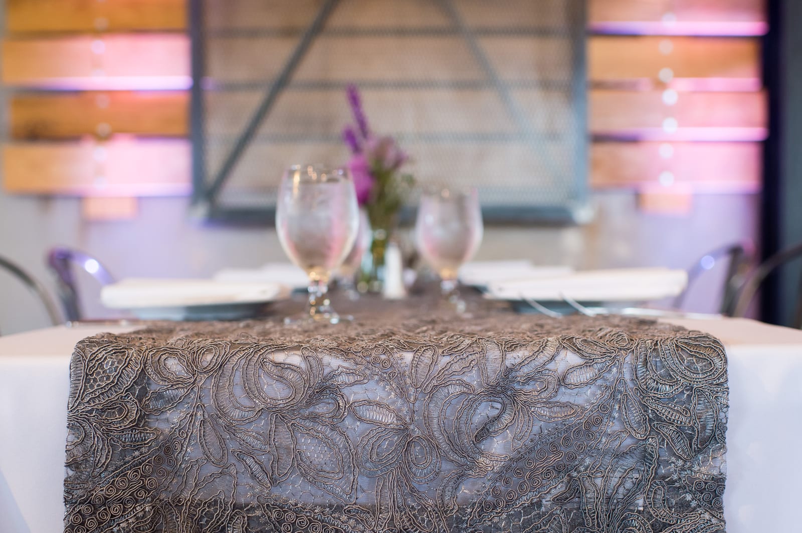 Ornamental Silver Lace tablecloth at a Windy City Linen event