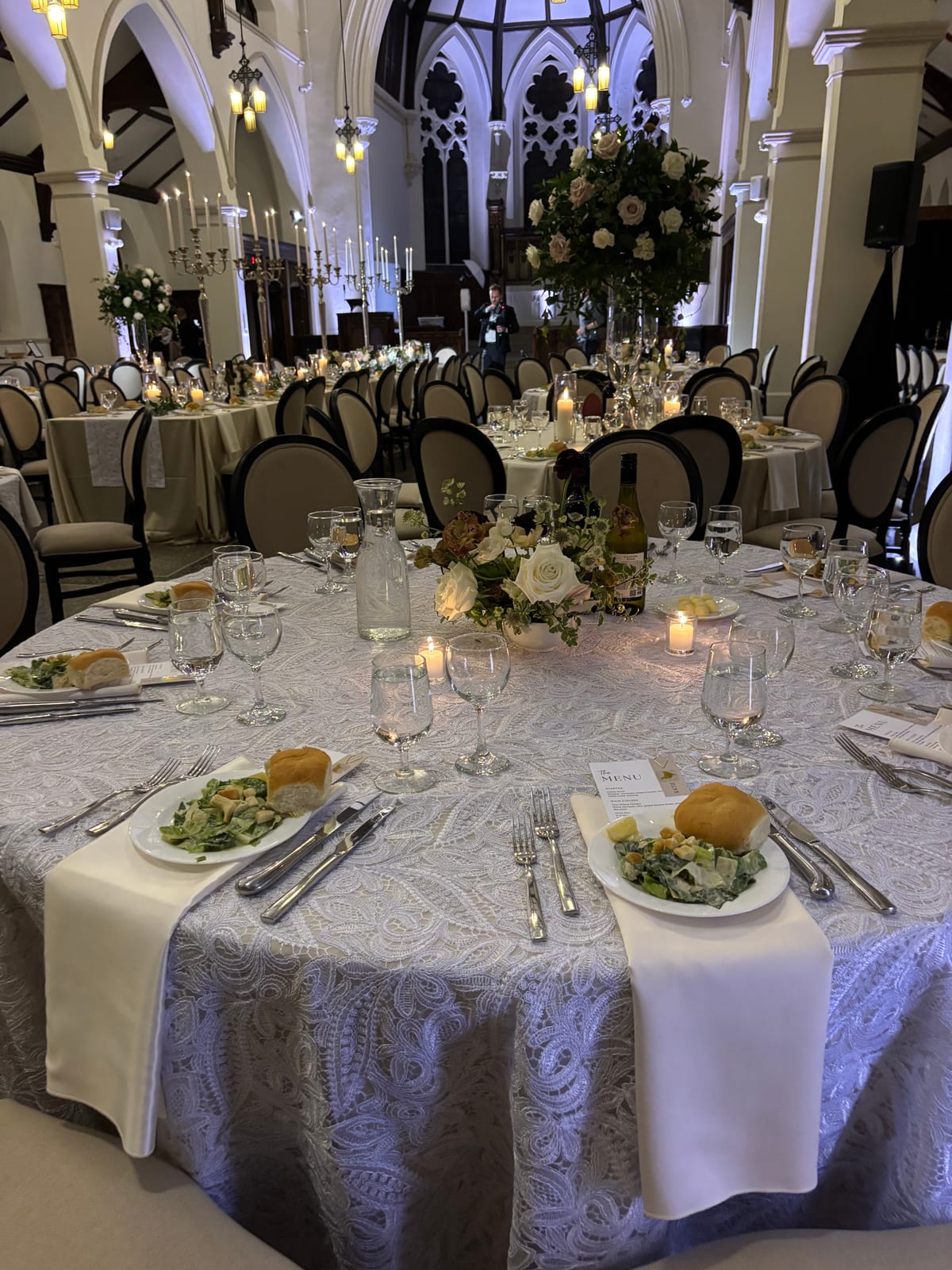 Ornamental White Lace tablecloth at a Windy City Linen event