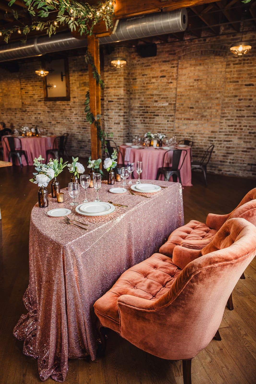 Sequins Rose Gold tablecloth at a Windy City Linen event