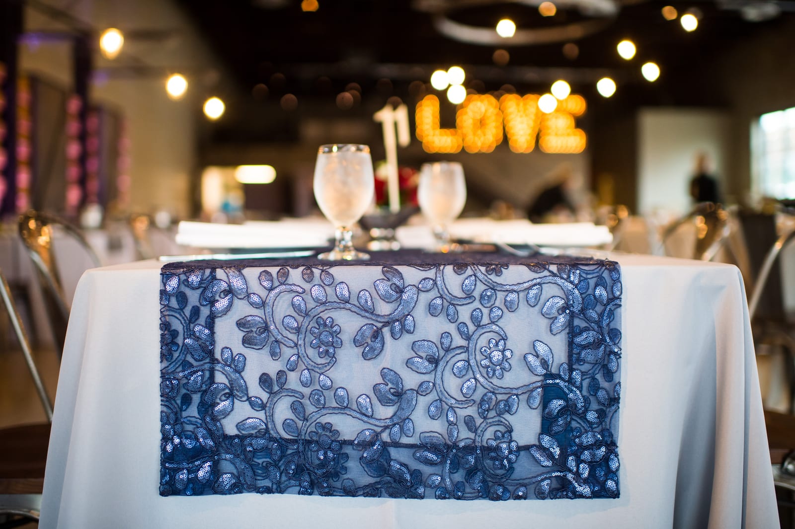 Sequins Lace Navy tablecloth at a Windy City Linen event